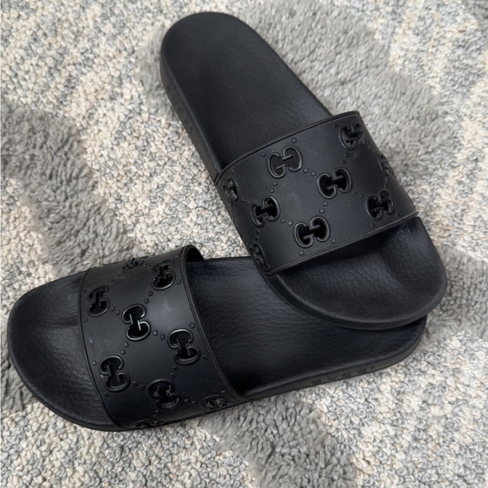 Gucci Black Embossed Slide Sandals